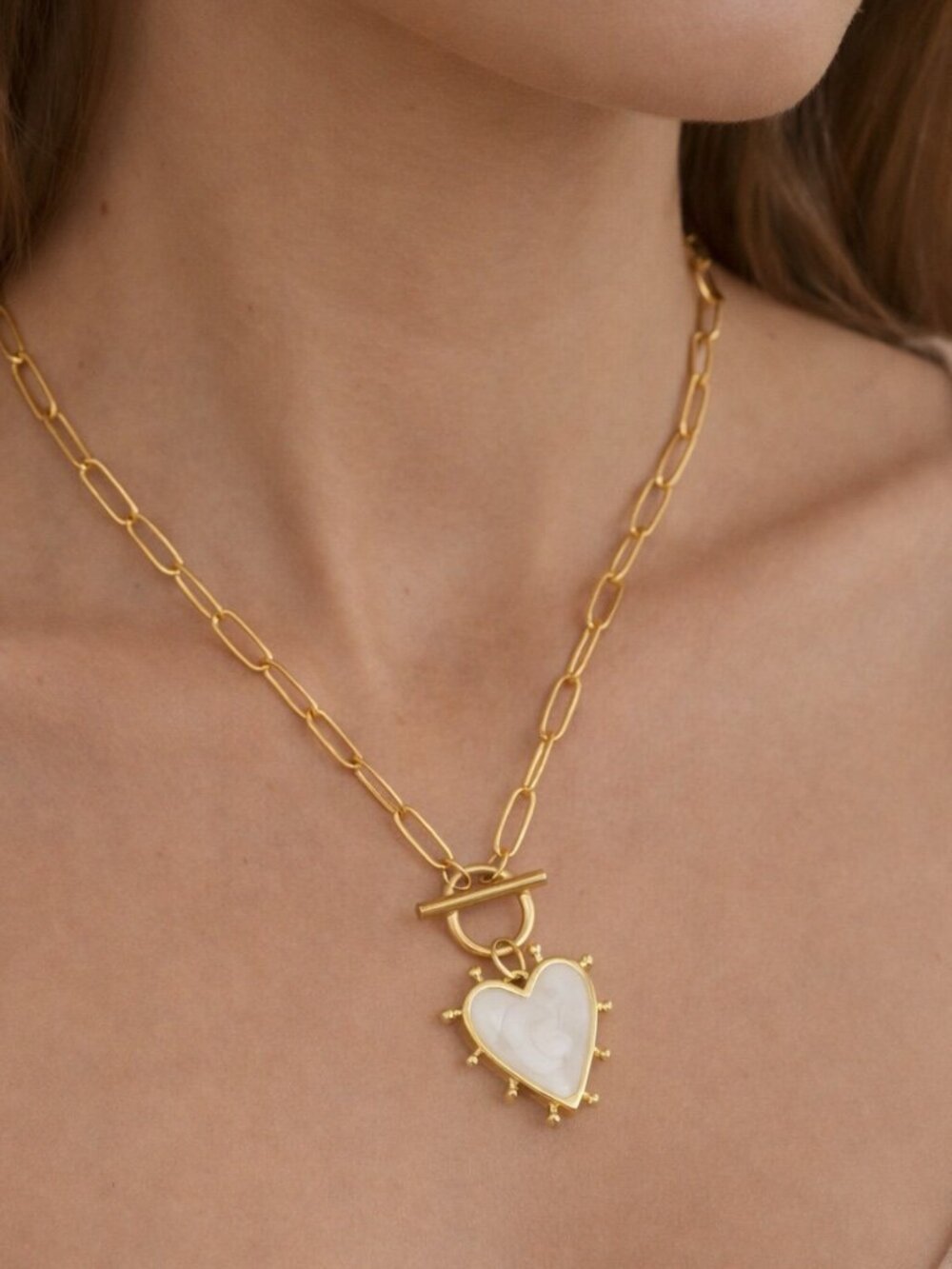 Gold Paperclip Chain White Heart necklace N1259